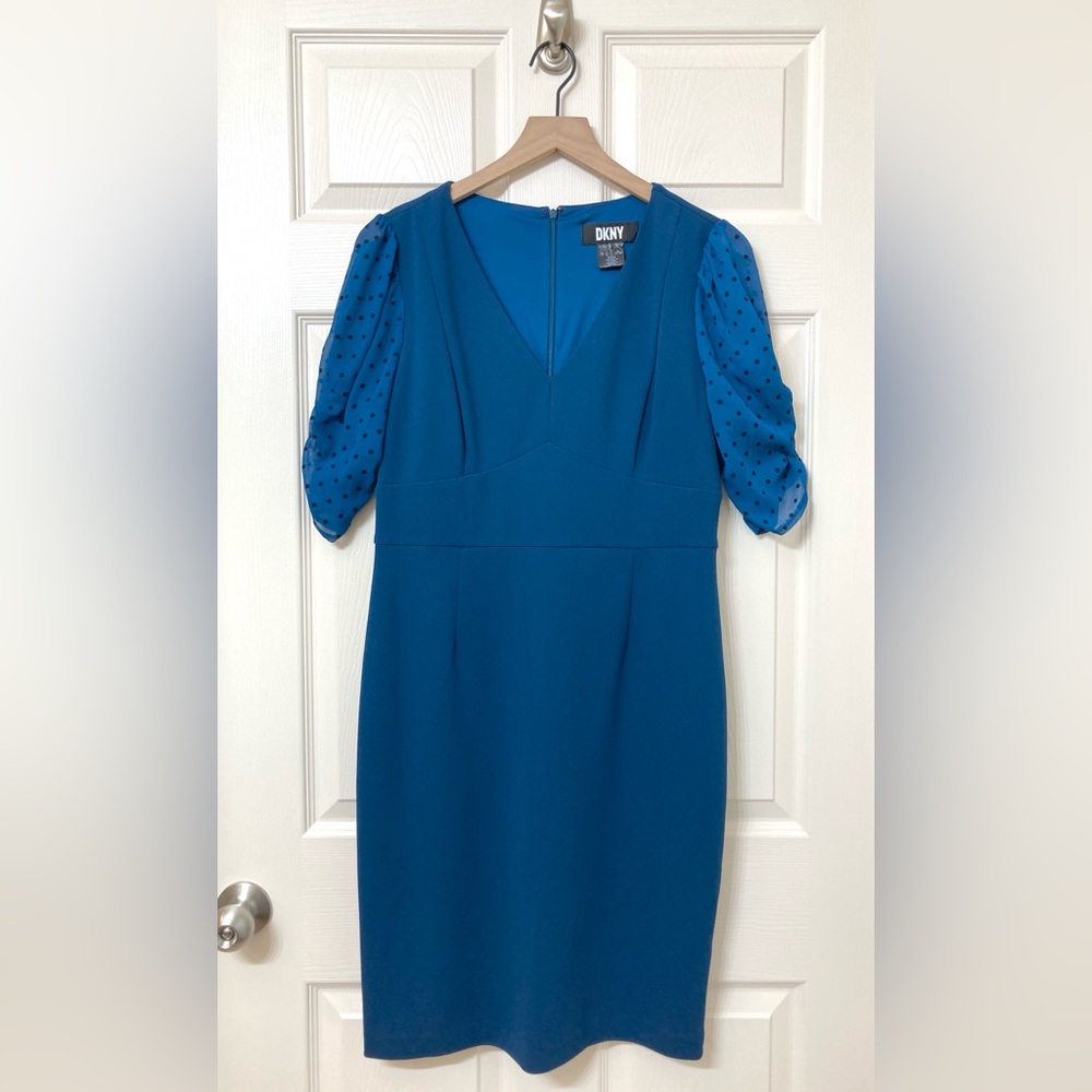 DKNY Sapphire Blue Polka Dot Puff Sleeve V Neck Sheath Dress 12 Wedding Guest